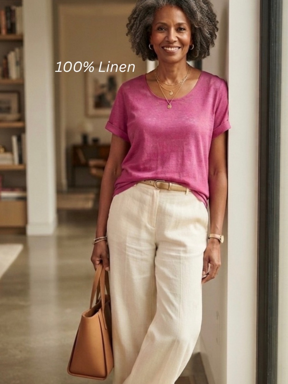 Lauren Ralph Lauren Pink 100% Linen Slub Cuffed Short Sleeve Top Tee Size 20
